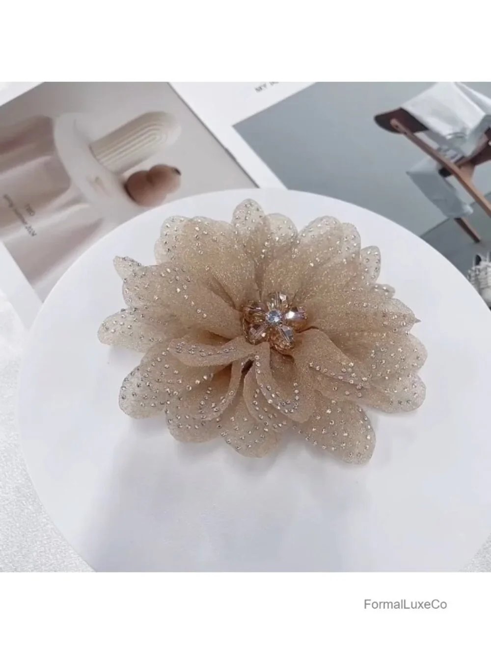 Elegant Organza Floral Brooch Pin with Rhinestones Large Statement Brooch for